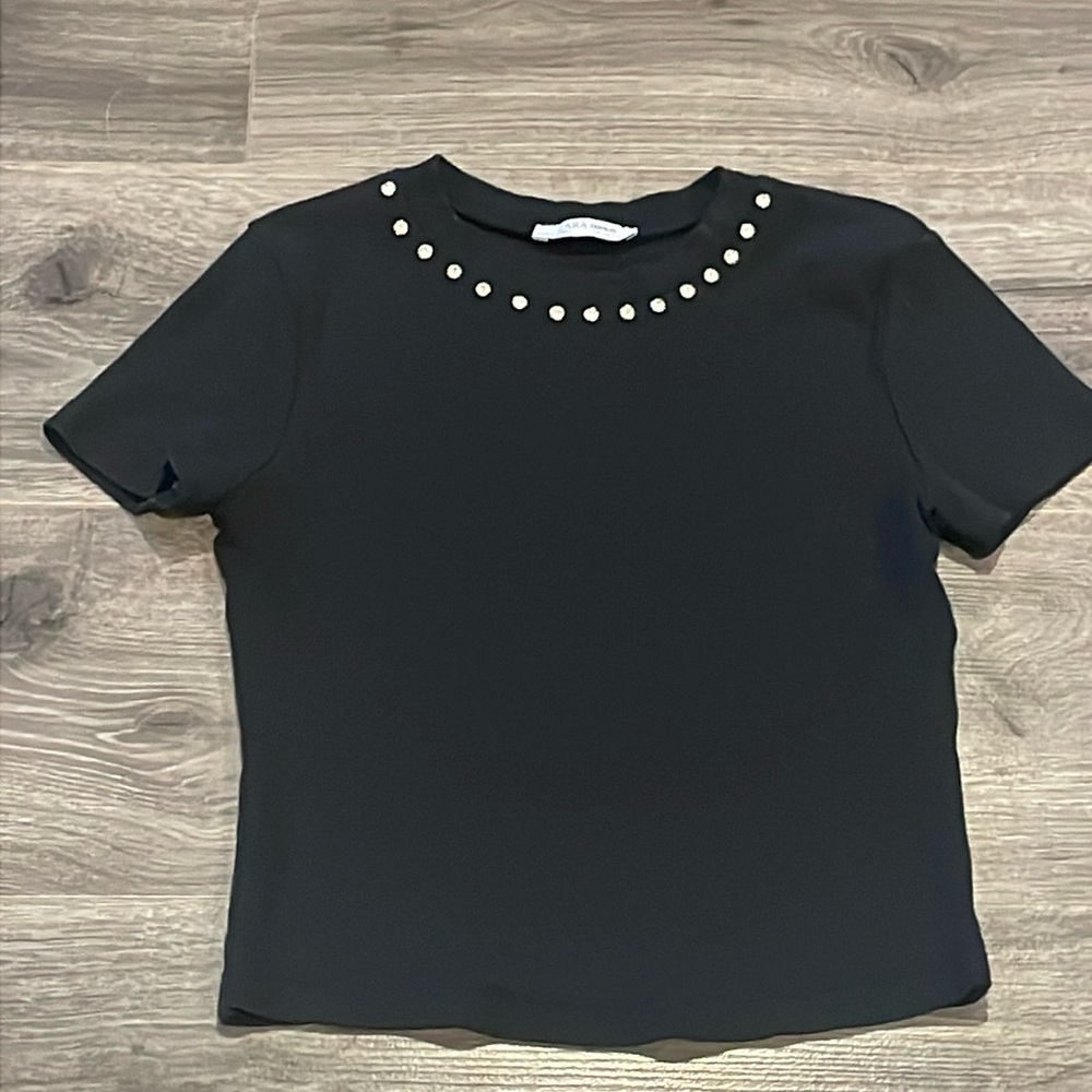 Zara black top with embellished neck line, casual wear on night out size small